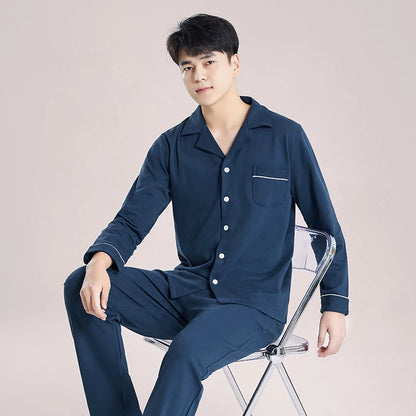 Blue Cotton Pajamas Winter Men Sleepwear Nightwear Full Sleeves PJ Pijama Hombre Home Clothes 2 Pieces Set Cotton Pyjama Homme