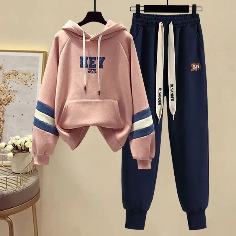 Sports Set for Women in Spring and Autumn New Korean Version Color Blocking Hooded Top Casual Pants Age Reducing Two-piece Set