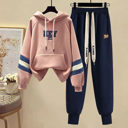 Sports Set for Women in Spring and Autumn New Korean Version Color Blocking Hooded Top Casual Pants Age Reducing Two-piece Set