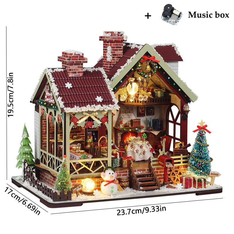 DIY Wooden Doll House Warm Christmas Lodge Casa Figurines Miniatures Assembled Dollhouse With Lights for Friends Christmas Gifts