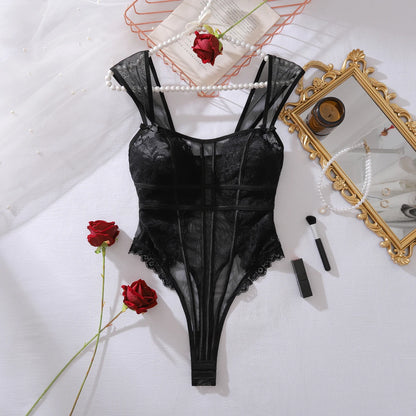2025 European and American Cross border New Perspective Lace Lace Slimming and Body Shaping Sexy Girlfriend jumpsuit with an Ope