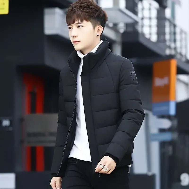 Super Warm Men's Quilted Jacket with Stand Collar Korean Design Thickened Winter Coat Youth Outdoor Sportswear