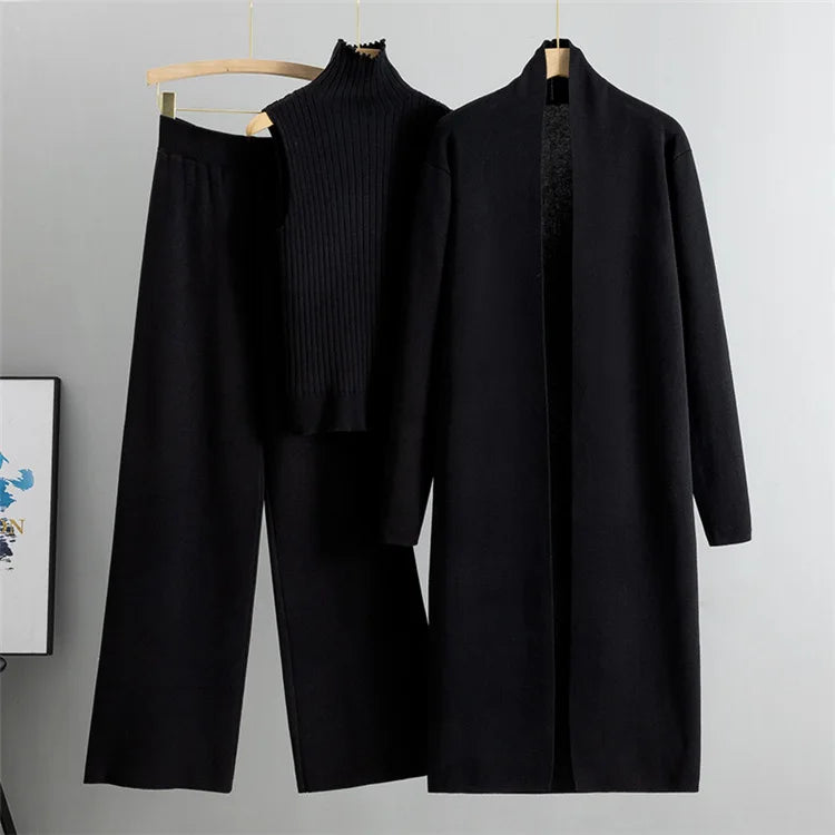 2025 Autumn Winter Women Long Cardigan 3 Piece Set Knit Pants High Neck Vest Wide Leg Trousers Outfit