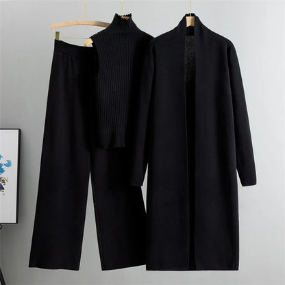 2025 Autumn Winter Women Long Cardigan 3 Piece Set Knit Pants High Neck Vest Wide Leg Trousers Outfit