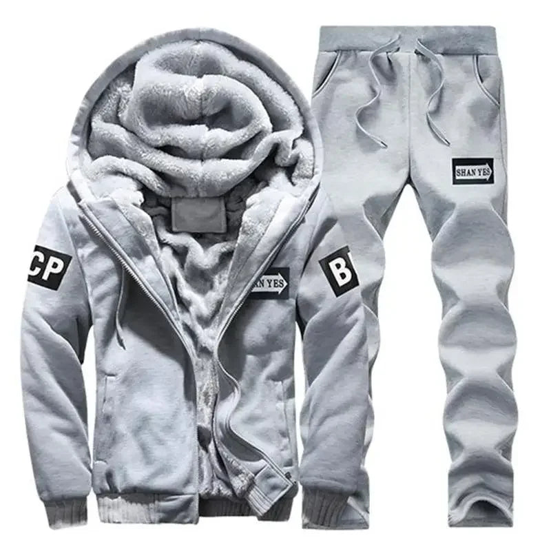Winter Men Set Casual Warm Thick Hooded Jacket+Pants 2PC Sets Men Inner Fleece Hoodies Zipper Tracksuit Male Sports Suit Outwear