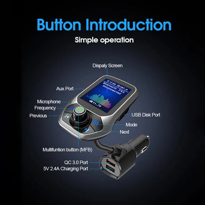 Bluetooth FM Transmitter Handsfree 1.8'' TFT Display Car radio MP3 Music USB SD EQ Player Built-in Mic Quick Charge 3.0 Adapter