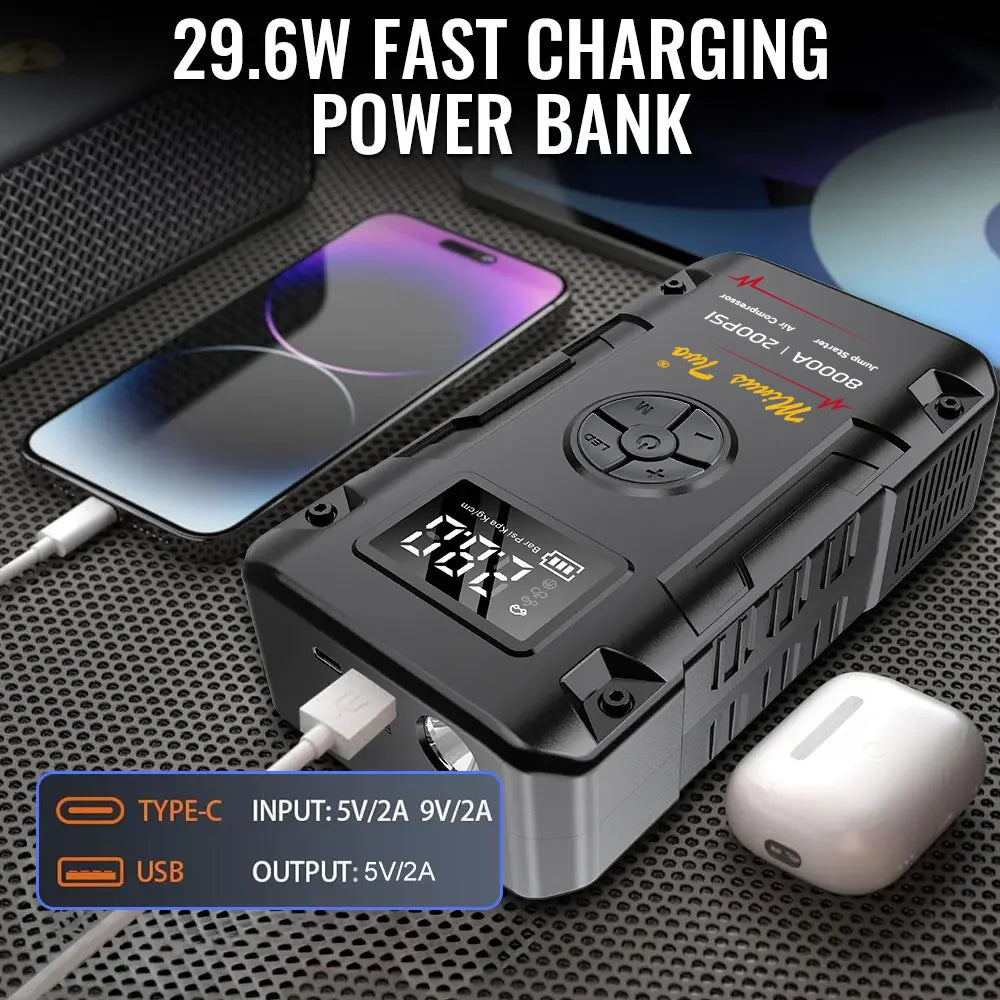 Portable 8000A Jump Starter 200PSI Air Pump Power Bank 4 In 1 Air Compressor Cars Battery Starters Starting Auto Tyre Inflator