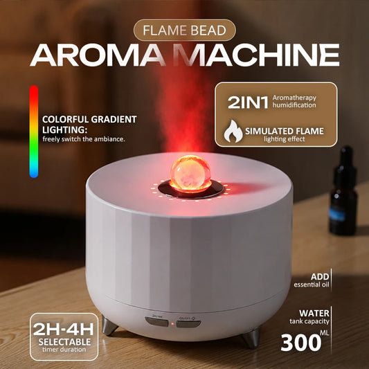 3D Flame Aroma Humidifier, 7 Color Light, 2H/4H Timer, 300ml, Essential Oil Diffuser, Quiet Mist, Desktop Decor for Home Office