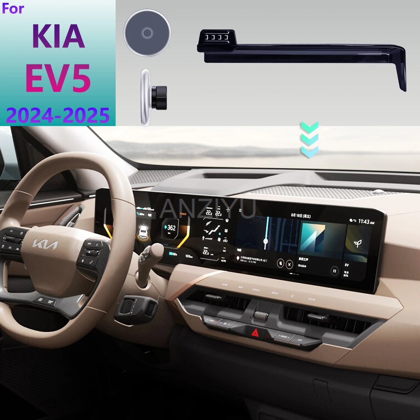For KIA EV5 2024 2025 Car Phone Holder Screen Fixed Base Magnetic Car Mobile Phone Wireless Charging Stand Rotatable MagSafe