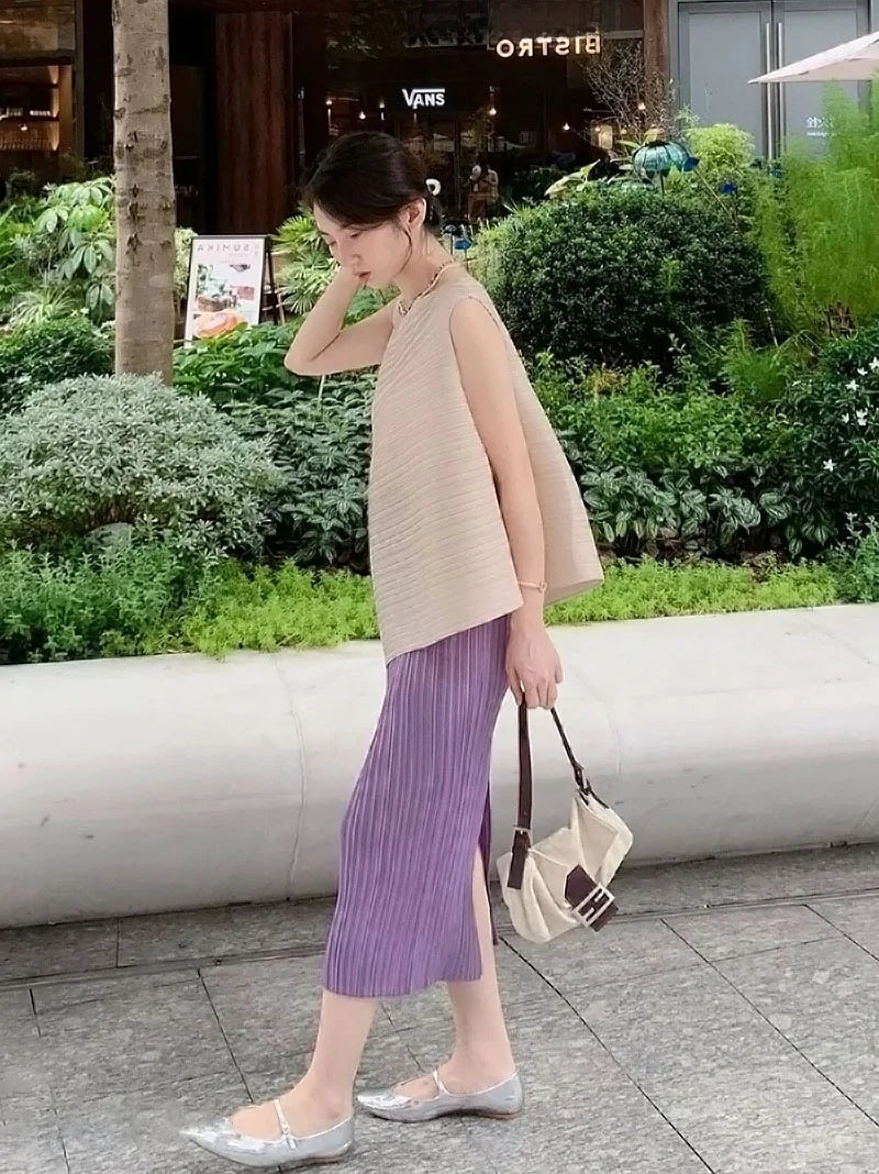 Unique Folded Design Sleeveless Top Set for Small Women Elegant Suitable Travel Wear Polyester Summer T-Shirt round Neck High...