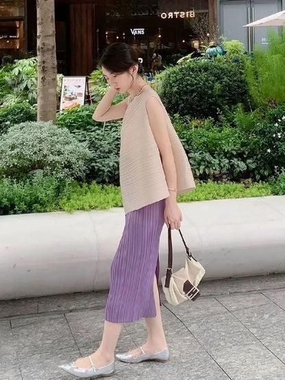 Unique Folded Design Sleeveless Top Set for Small Women Elegant Suitable Travel Wear Polyester Summer T-Shirt round Neck High...