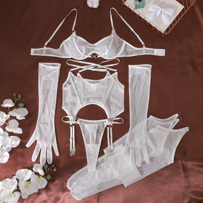 Ellolace Solid Women's Lingerie Sets Seductive See Through Bra Belt Thong 3PC with glovs stockings Sissy Sexy Women's Underwear