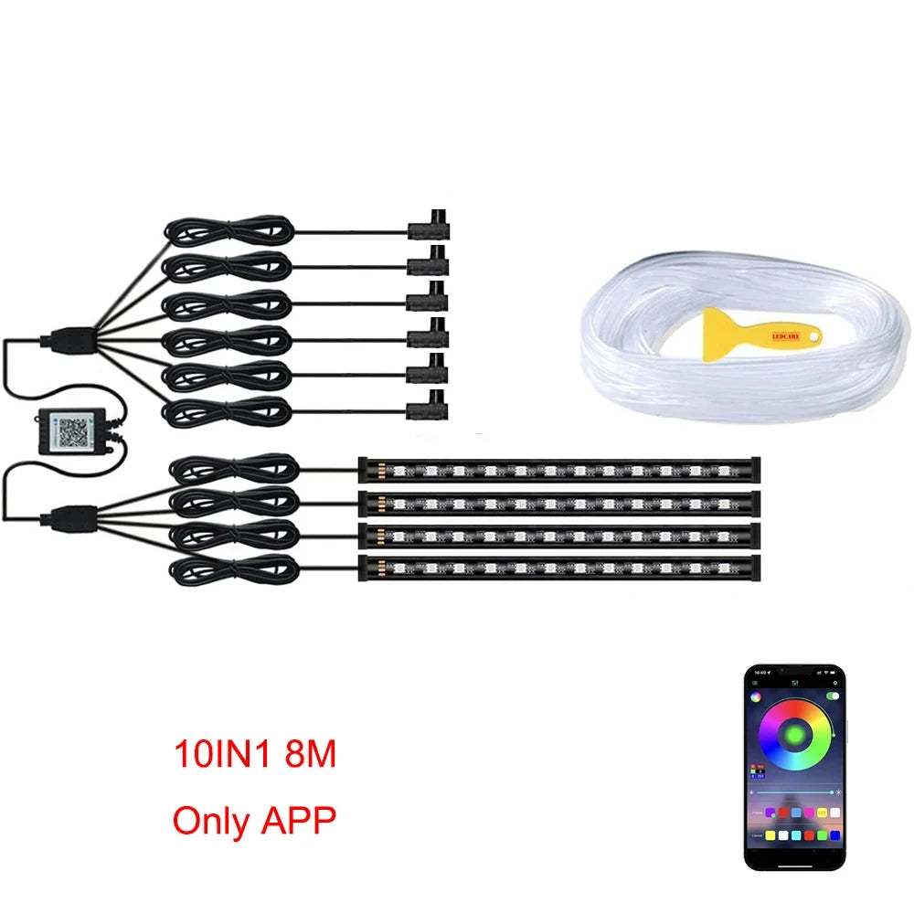 Neon LED Ambient Lighting Car 6in1 8m RGB LED Atmosphere Interior Strip Light Fiber Optic APP Control Auto LED Decorative Lamp