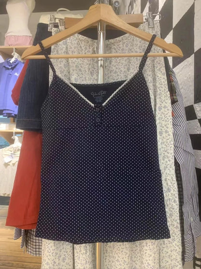 Lace Trim Buttons Solid Tank Top Women U Collar Sleeveless Cotton Slim Camis Sweet Chic Casual Preppy Style Vest Crop Tops Y2k