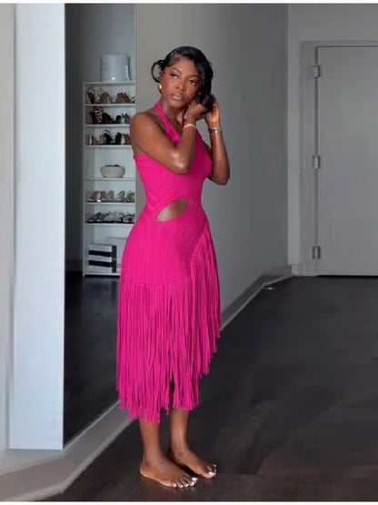 Women New Trend Sexy Fringe Pure Color Skirt  Irregular Cut Backless Sleeveless Party Dresses Stylish Date club Evening Gown