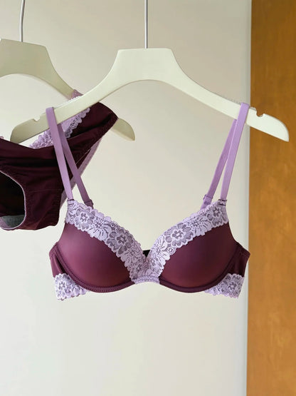 Sexy Purple Lace Lingerie Set for Women Push Up Bra No Underwire Small Bust Fit gathering Cups Lift Petite Cute Panties YUQI