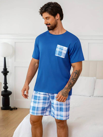 Men's Stylish Pajama 2Pcs pajama Set Short Sleeve And Plaid Shorts Comfortable Soft Sleepware Loungewear Can Be Worn Outside Pjs