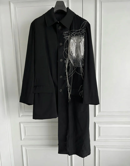 TOP-YAMAMOTO original Design family crest embroidery mirror snake floating thread asymmetrical wool coat