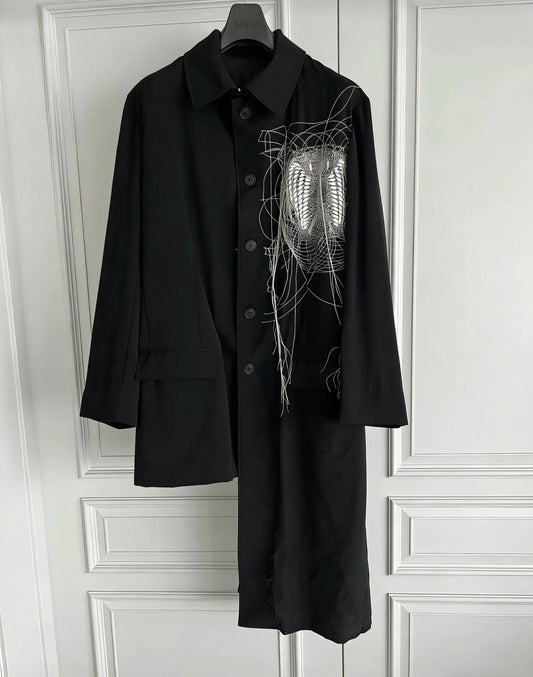 TOP-YAMAMOTO original Design family crest embroidery mirror snake floating thread asymmetrical wool coat