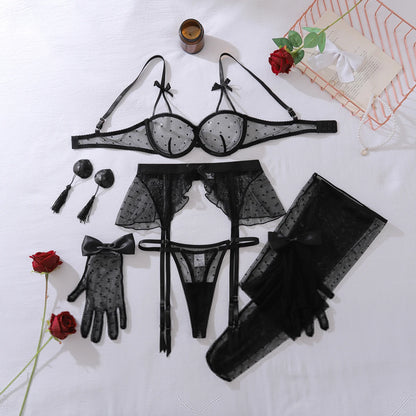 Bow decoration, see through lace gathering, top support, sexy lingerie, waist seal, fungus lace, gloves, stockings, six piece se