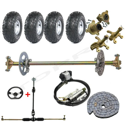 29" Go Kart DIY Drift Trike Rear Axle Kit+4x145/70- 6" Inch Wheel Tyre Rim+ Front Steering Assembly Tie Rod for Quad Buggy
