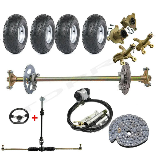 29" Go Kart DIY Drift Trike Rear Axle Kit+4x145/70- 6" Inch Wheel Tyre Rim+ Front Steering Assembly Tie Rod for Quad Buggy