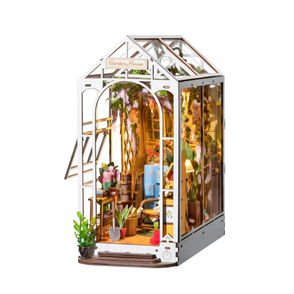 Rolife Gardenhouse Book Nook DIY Dollhouse Bookend Model Kit with LED Light Wooden Puzzle for Bookshelf Decor - TGB06