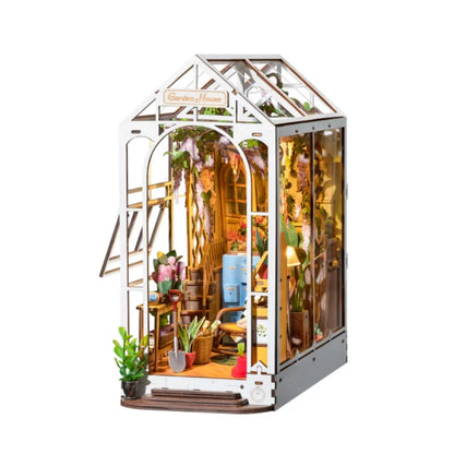 Rolife Gardenhouse Book Nook DIY Dollhouse Bookend Model Kit with LED Light Wooden Puzzle for Bookshelf Decor - TGB06
