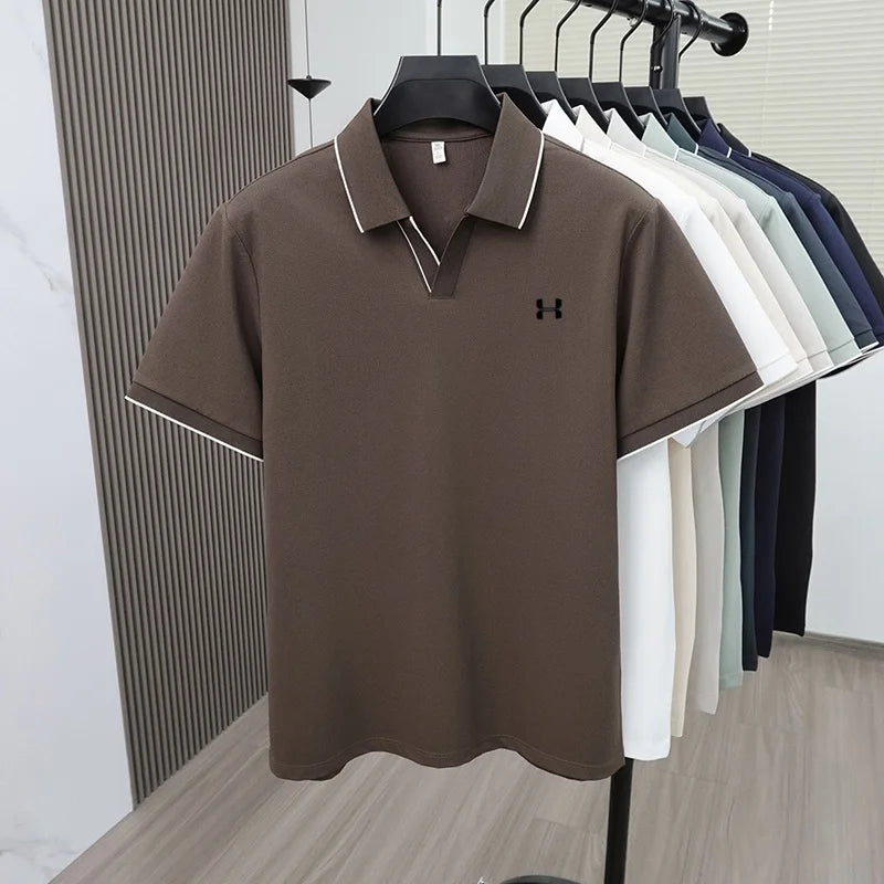 New Summer Men Striped Trim Collar Polo Shirt, Solid Quick Dry Breathable Plain Short Sleeve Top Mens Apparel