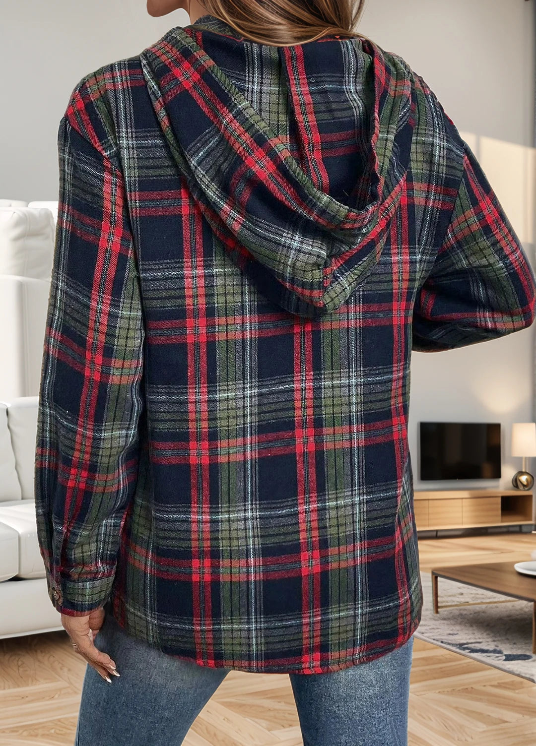 Plus-size women's casual striped mixed-color long-sleeve V-neck buttoned hoodie