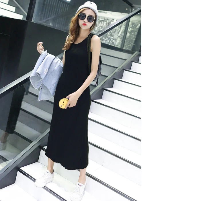 Summer Thin Modal Long Dress Women Loose Black Versatile Dress Strap Vest Skirt Sleeveless Large Size A-Line Korean Style