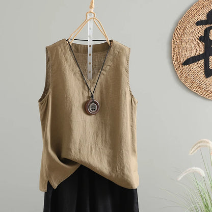Slimming Pure Color Cotton Linen Lightweight Sleeveless round Neck Inner Wear Large Size Women's Fashionable Versatile Top