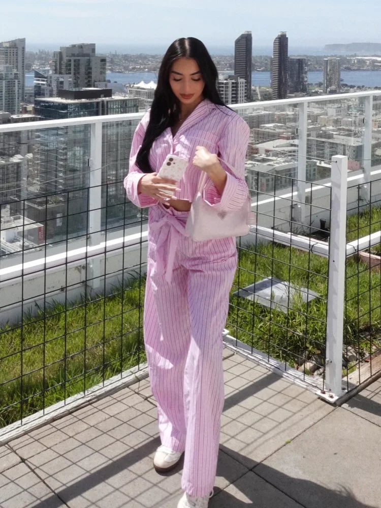 HH Women Striped Pants Suit Lapel Pocket Single-breasted Blouse+Side Zipper Lace Short Top+High Waist With Belt Poplin Pant