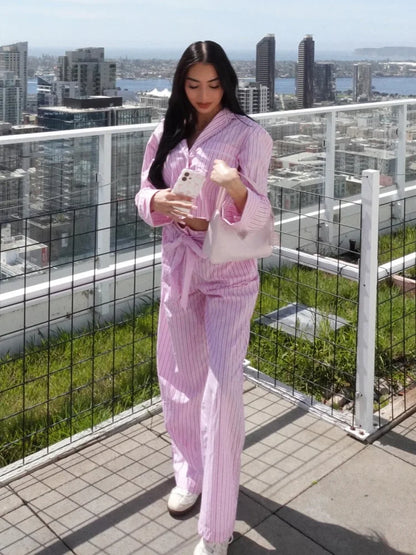 HH Women Striped Pants Suit Lapel Pocket Single-breasted Blouse+Side Zipper Lace Short Top+High Waist With Belt Poplin Pant