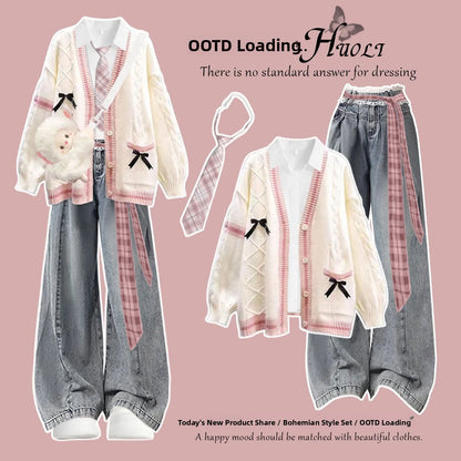 Korean Style Winter College Fashion Knitted Cardigan Jacket Beautiful Unique Miu Series Sweater Three Piece Set High Waist Pa...