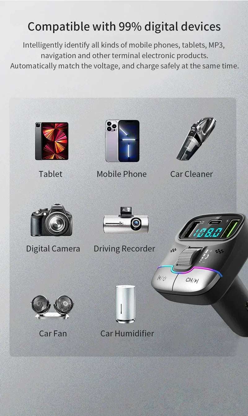 FM Transmitter Bluetooth 5.4 Hands-Free Portable Car AUX Radio Modulator MP3 Player with Fast Charging Adapter