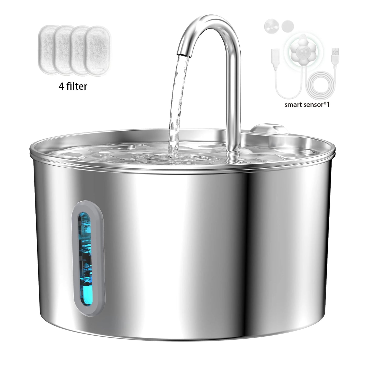 2.2L Automatic Cat Fountain Stainless Steel Pet Water Dispenser Silent Water Pump Circulation Filtering Visual Window
