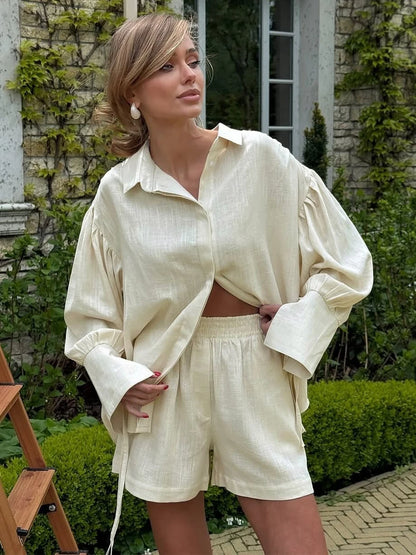 Blubelle 2026 New Women's Two-piece High-end Button Up Shirt and Elastic Waist Shorts Casual Summer Vacation Set Outfit
