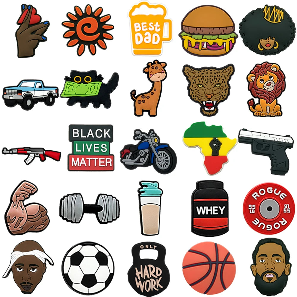 1/25PCS Hip Hop & Fitness Theme Shoe Charms Set DIY Decorative Pins Lion Dumbbell Clogs Accessories Shoe Buckles for Women Men