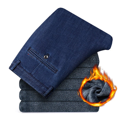 Fleece Jeans Men's Winter Thick Business Velvet Trousers Soft Fashion Brand Classic Straight Loose Warm Plush Denim Pants