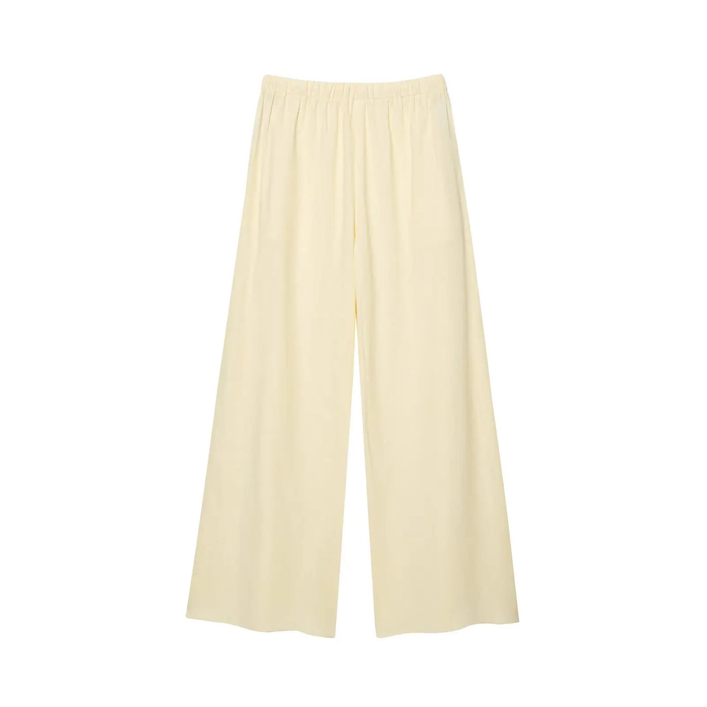 HH Women Chic Solid Simple Wave Edge V-Neck Puff Sleeves Short Shirt Top+High Waist Draw Rope Design Casual Loose Trousers