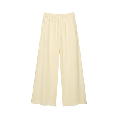 HH Women Chic Solid Simple Wave Edge V-Neck Puff Sleeves Short Shirt Top+High Waist Draw Rope Design Casual Loose Trousers