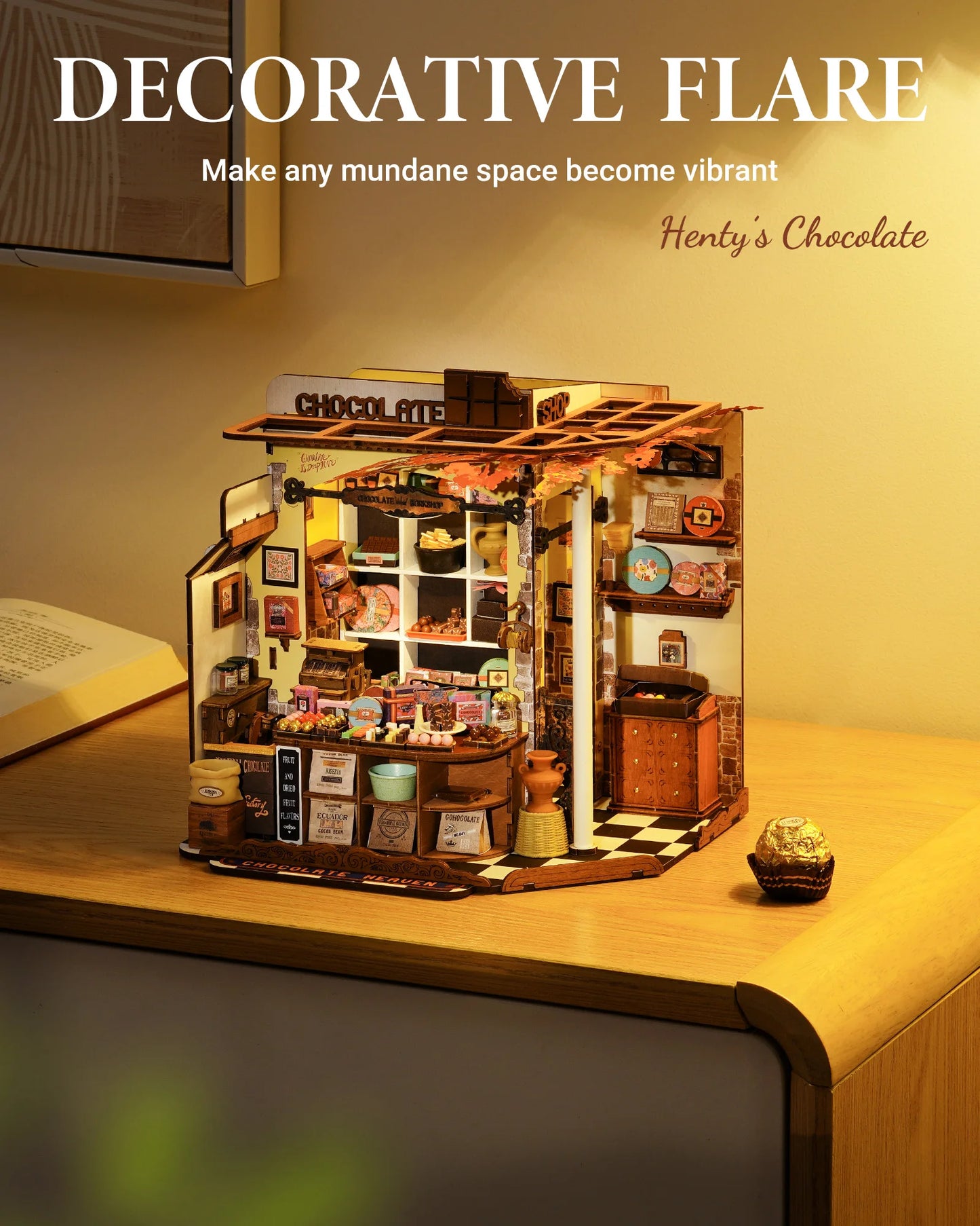 Rolife Henry's Chocolate DIY Miniature House Kit  Wooden Dollhouse Model Building Kit With LED Craft Gifts for Adults
