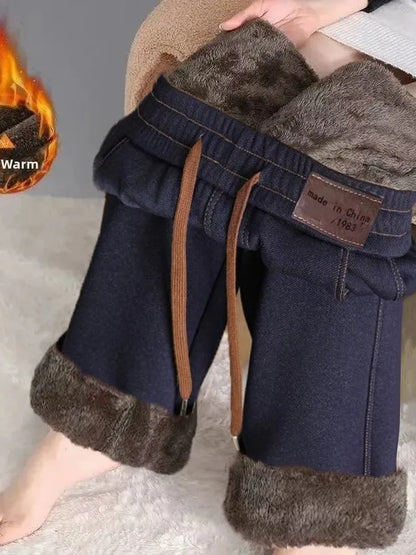 Women's Fleece Lined Wide Leg Pants High Waist Elastic Casual Mom Straight Leg Jeans Style Autumn Winter Fashion Loose Fit