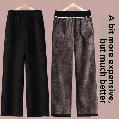 Fleece Lined Thick Corduroy High Waist Wide Leg Pants Women's Autumn Winter New Style Drapey Mom Straight Leg Trousers Trendy