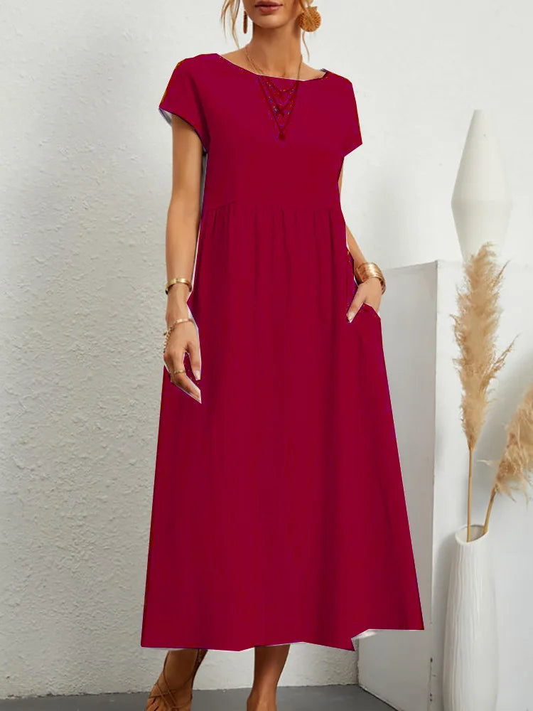 Women Vintage Solid Dress 2023 Summer Elegant O Neck Short Sleeve Cotton Linen Dresses Female Casual Loose Sundress Long Dress
