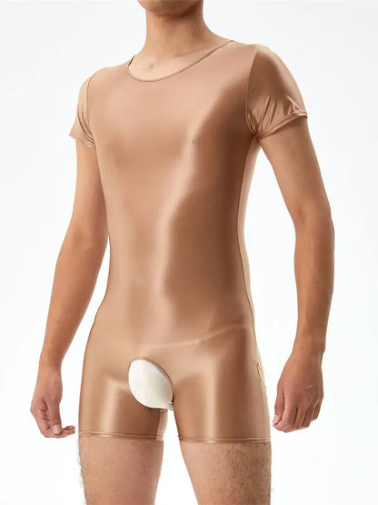 Sexy Men's Open Crotch Bodysuit Short Sleeve Oil Shiny Glossy Tights High Elastic Man Clothing Shapers Exotic Leotard
