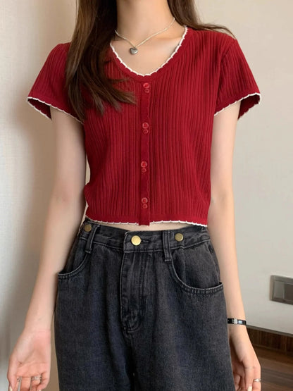 Summer Women's Ice Silk Knitted T-shirt Short Sleeve Striped High Waist Design Sweet And Spicy Belly Button Short Top