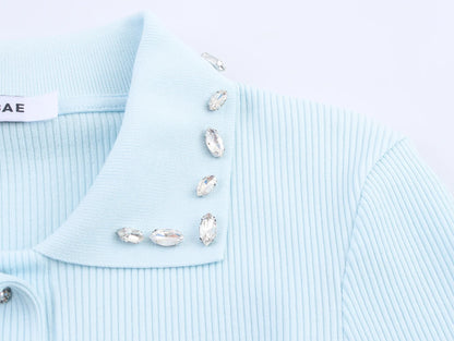 Retro American Diamond Embedded Short Sleeve Knitted T-shirt Women's Sweet Anti-aging Top Jewelry Collar Turn-down Collar