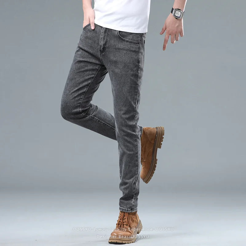 Spring Summer Stretch Pencil Cargo Jeans Gray Men High Street Casual Denim Trousers Fashion Straight Little Feet Men's Pants Man